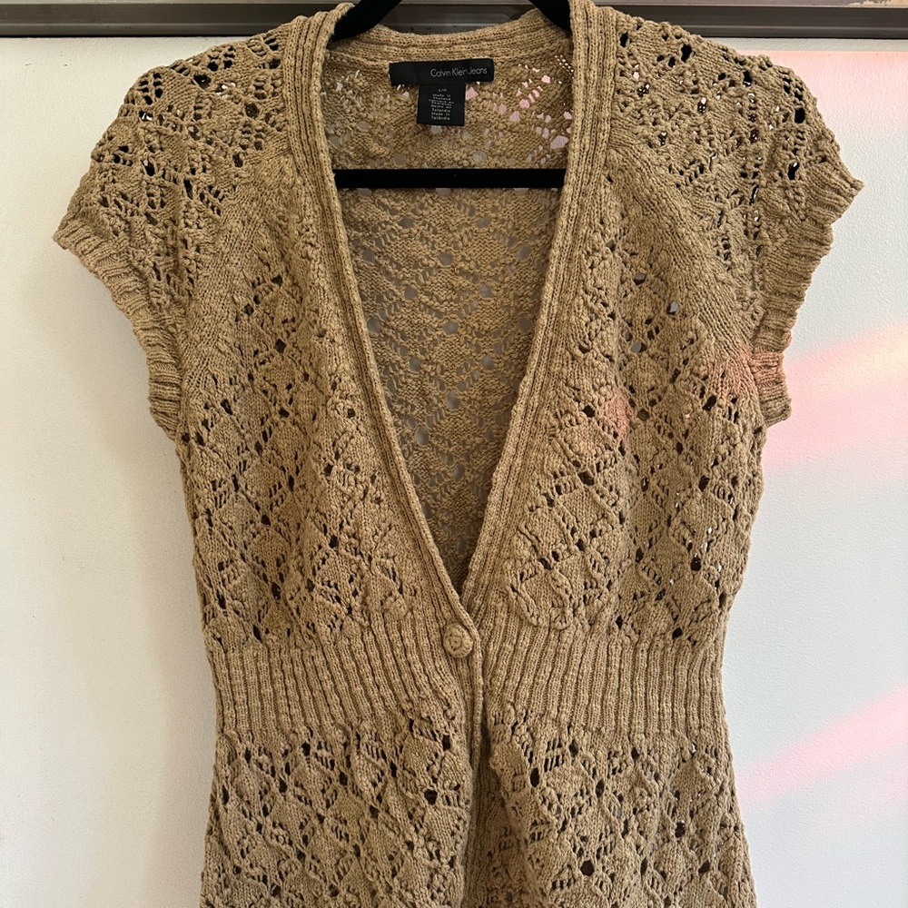 Calvin Klein Jeans tan v neck open knit cardigan sweater